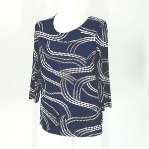 JM Collection 3/4 Sleeve Foil Jaquard Chain Silver and Blue Top